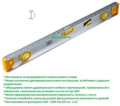 Уровень магнитный рельсовый двутавровый (двутавр, рельс) 1000 мм, 3 глазка, линейка, точность 1 мм/м