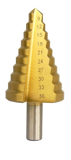 Сверло ступенчатое кобальтовое 9-36 мм M2 HSS-CO TiN 10 ступеней шаг 3 мм 9-12-15-18-21-24-27-30-33-36 мм